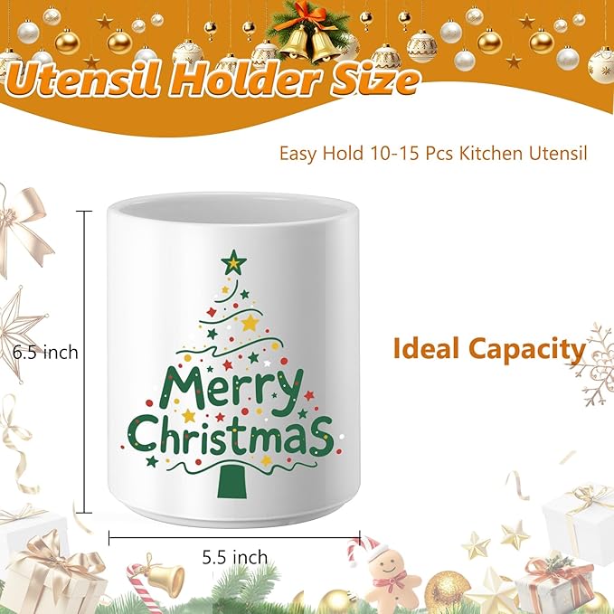 Christmas Utensil Holder Ceramic Cooking Utensil Holder for Kitchen Counter, Large Spatula Holder Glossy White Christmas Gift Kitchen Decor （6.5”H x 5.5”D）