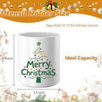 Christmas Utensil Holder Ceramic Cooking Utensil Holder for Kitchen Counter, Large Spatula Holder Glossy White Christmas Gift Kitchen Decor （6.5”H x 5.5”D）