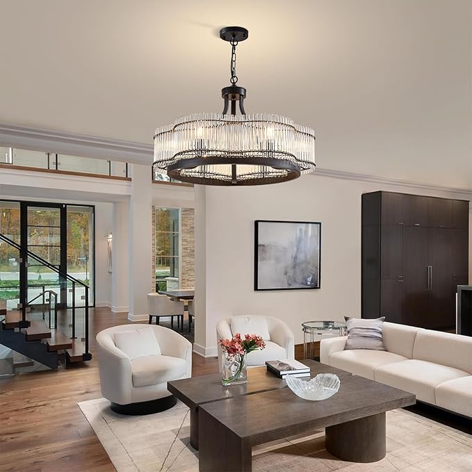 6 Light Modern Crystal Chandelier Dining Room Light Fixture Black Round with Crystal Rods Pendant Lighting Adjustable Farmhouse Wagon Wheel Light Fixture for Living Room,Kitchen,Foyer