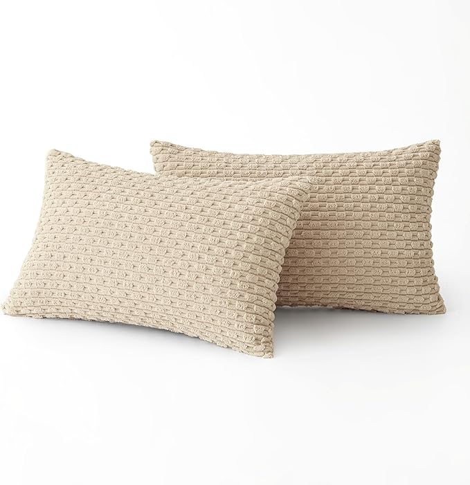 MIULEE Pack of 2 Decorative Lumbar Throw Pillow Covers 12x20 Inch Soft Boho Striped Textured Corduroy Pillow Covers Modern Farmhouse Home Decor for Couch Bed Sofa Living Room Beige