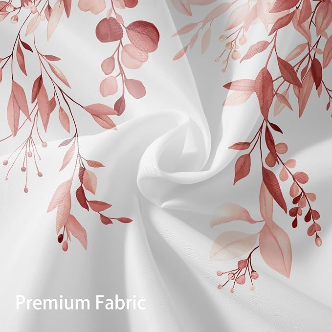 Eucalyptus Shower Curtain, Pink Watercolor Leaves with Floral Botanical Bathroom Decor, Waterproof Fabric Bath Curtain Set with Hooks, 72x84 Inches