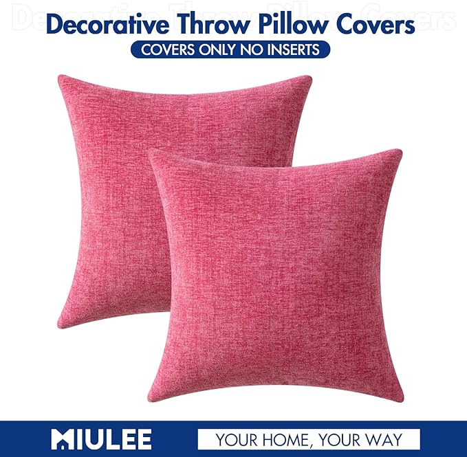 MIULEE Pack of 2 Couch Throw Pillow Covers 20x20 Inch Soft Hot Pink Chenille Pillow Covers for Sofa Living Room Solid Dyed Pillow Cases