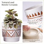 Geometric Ceramic Planters, 6 Inch Hand-Painted Ceramic Embossed Plant Pots with Drainage Holes, 2 Set Boho Minimalistic Planters for Indoor and Outdoor Plants(Beige & Brown)
