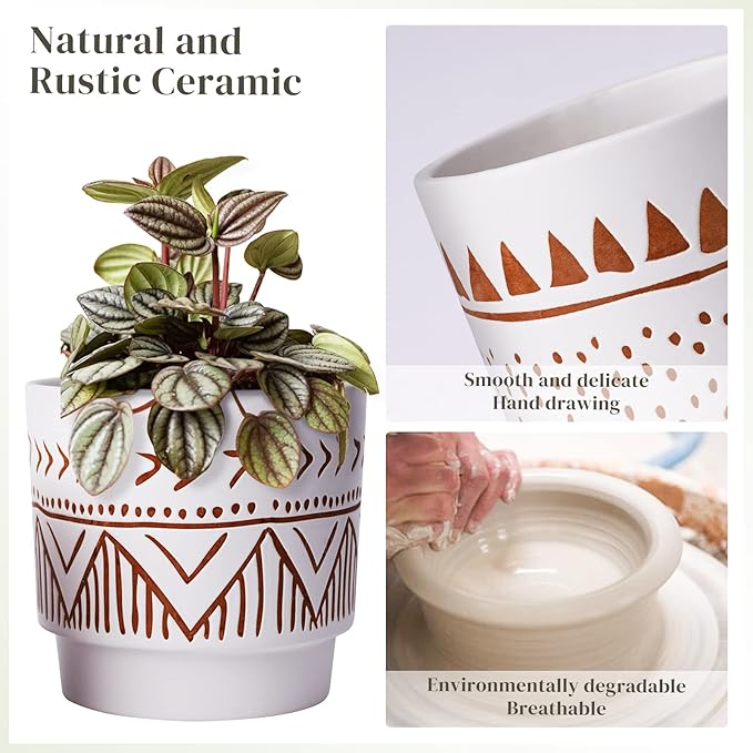 Geometric Ceramic Planters, 6 Inch Hand-Painted Ceramic Embossed Plant Pots with Drainage Holes, 2 Set Boho Minimalistic Planters for Indoor and Outdoor Plants(Beige & Brown)