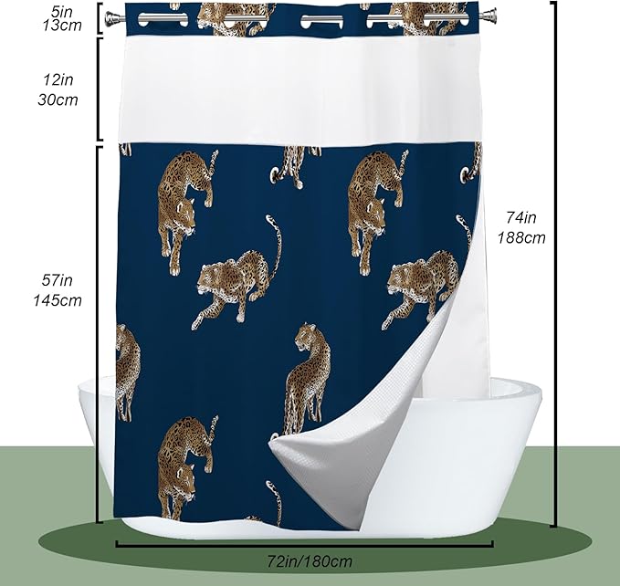 Boho Leopard Cheetah Theme no hook Tropical Forest Wildlife Animal Shower Curtain with Snap in Fabric Liner Set, Detachable Liner,See Through Mesh Top Window,Waterproof Washable 72"W x 74"H