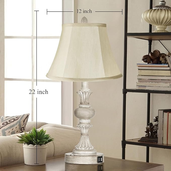 PARTPHONER Touch Control Table Lamp Set of 2, 3-Way Dimmable Bedside Nightstand Lamp with 2 USB Charging Ports, Rustic Farmhouse Desk Lamp with Faux Silk Shade for Living Room, Bedroom - Washed White