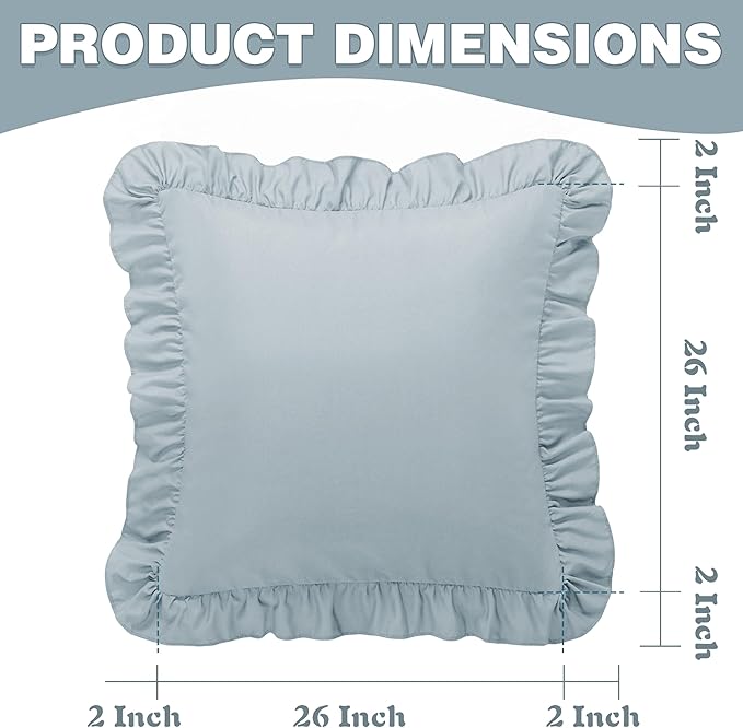 KKJIAF Ruffle Pillow Cases 26x26 Inches, Dusty Blue Square Ruffled Pillow Covers Set of 2, Microfiber Wrinkle Resistant Pillow Shams with Envelope Closure for Sofa Bed Living Room