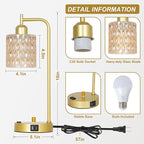 Amber Table Lamp with USB Port and Outlet Set of 2, Glass Bedside Table Lamp for Bedroom, Retro Desk Lamps for Home Office, Mid Century Modern Small Night Stand Lamps, Gold Rustic Desk Light