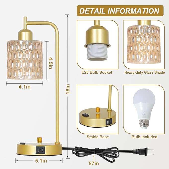 Amber Table Lamp with USB Port and Outlet Set of 2, Glass Bedside Table Lamp for Bedroom, Retro Desk Lamps for Home Office, Mid Century Modern Small Night Stand Lamps, Gold Rustic Desk Light