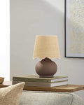 BoutiqueRugs Navarro Boho Ceramic Bedside Table Lamp for Bedroom Nightstand and Living Room - Shade Rattan - Brown, Beige - 13" H