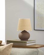 BoutiqueRugs Navarro Boho Ceramic Bedside Table Lamp for Bedroom Nightstand and Living Room - Shade Rattan - Brown, Beige - 13" H