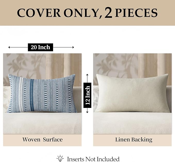 ANRODUO Pack of 2 Boho Throw Pillow Covers 12x20 Inch Farmhouse Decorative Lumbar Couch Pillow Cases Jacquard Cushion Cover Neutral Accent Pillows of Bed Sofa Bedroom Living Room Home Decor, Navy Blue