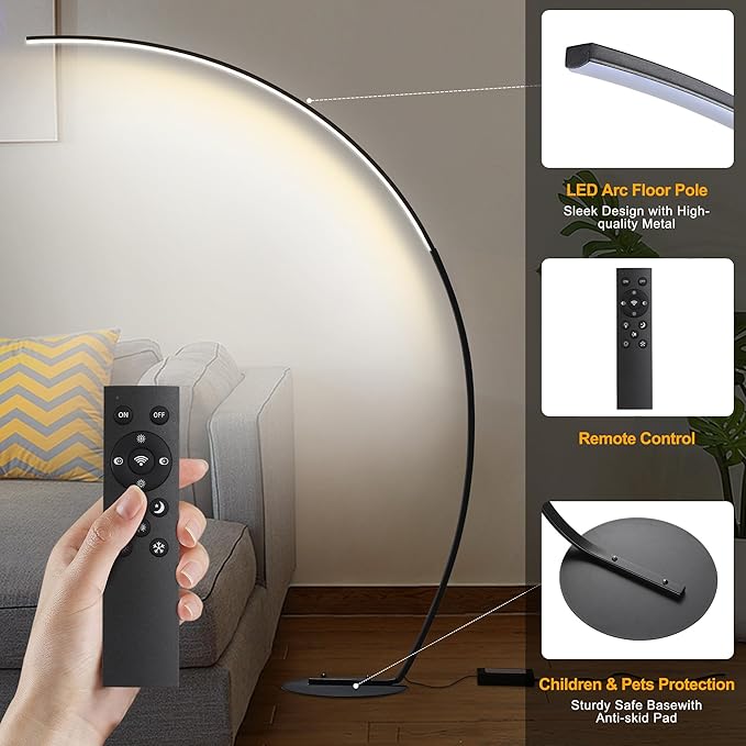 67in Dimmable LED Arc Floor lamp with 3 Color Temperatures, Modern Floor Lamps for Living Room, Standing Tall Lamp with Remote Control Reading Ambient Lighting for Bedroom Office Living Room