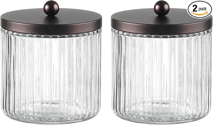 KMwares Set of 2 Glass Qtip Holder Dispenser Set for Cotton Ball, Swab, Round Pads, Floss Picks - Bathroom Canister Storage Organization and Vanity Makeup Organizer (Bronze)