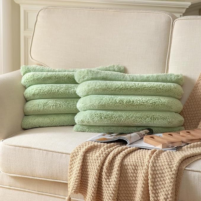 Faux Fur Plush Throw Pillow Covers 12x20 Inch Set of 2 - Luxury Decorative Fuzzy Striped Soft Cozy Pillowcase for Couch, Sofa, Living Room - Green