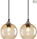Light Brown Glass Pendant Lights Kitchen Island Globe Pendant Light Fixtures Modern Pendant Lighting for Bedroom Living Dining Room Light Fixture (5.9 in, 2 Pack)