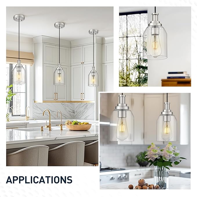 zeyu Pendant Lights Kitchen Island, Modern Kitchen Pendant Lighting Over Island for Dining Room, Brushed Nickel Hanging Lights Fixtures with Clear Glass Shade, ZG33M1L BN
