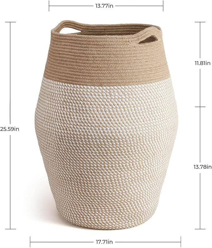 Goodpick Laundry Hamper | Woven Cotton Rope Dirty Clothes Hamper Tall kids Curve Laundry Basket Large, 25.6 x 17.71 Inch