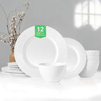 12 Piece Porcelain Dinnerware Sets for 4, White Plates and Bowls Sets with Embossed Stripe Decro, Elegant Kitchen Dish Sets - Dishwasher and Microwave Safe, QOMO-1996