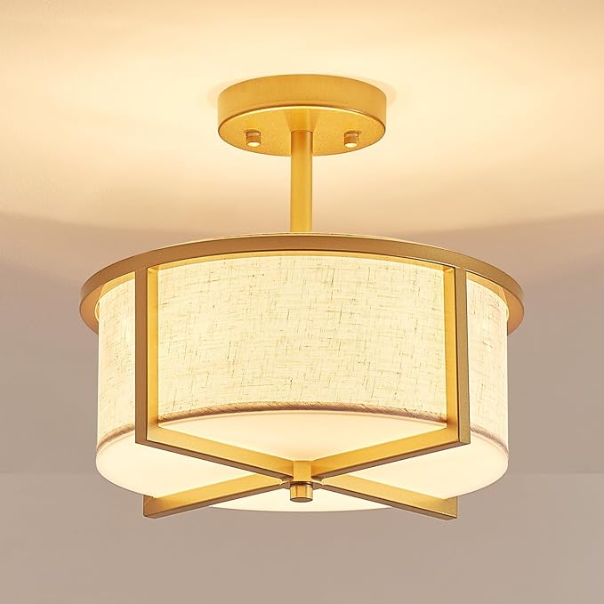 Modern Fabric Drum Chandelier, Semi-Flushmount Close to Ceiling Light Fixture for Living Room, Bedroom, Dining Room, D12 x H9 in, Gold Finish Metal Frame & Linen Fabric Shades