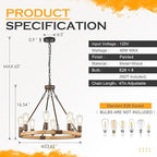 Farmhouse Wagon Wheel Chandelier 23.6" Wooden Rustic Light Fixtures 8-Light Wood Round Chandelier for Dining Room Kitchen Entryway Foyer