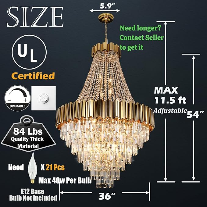 Crystal Chandeliers Modern Chandelier High Ceiling Foyer Entryway 21 Lights Gold Luxury Pendant Hanging Light Fixture for Living Room Entry Way Extra Large Tiered 36'' D x 54'' H
