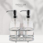 3 Piece Round Heavy Weight Glass Soap Lotion Pump Dispenser Set with Metal Caddy for Home Bath Kitchen Travel Office Hand Crafted Metal Tray Chrome