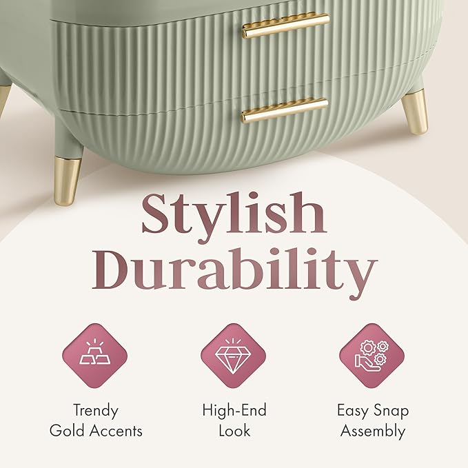 Large Makeup Cosmetic Countertop - Cosmetic Organizer - Vanity, Bathroom Storage for Skin Care Organizer - Space-Saving Design with Drawers - Open-Top, Gold Accents, Portable Side Handles (Green)