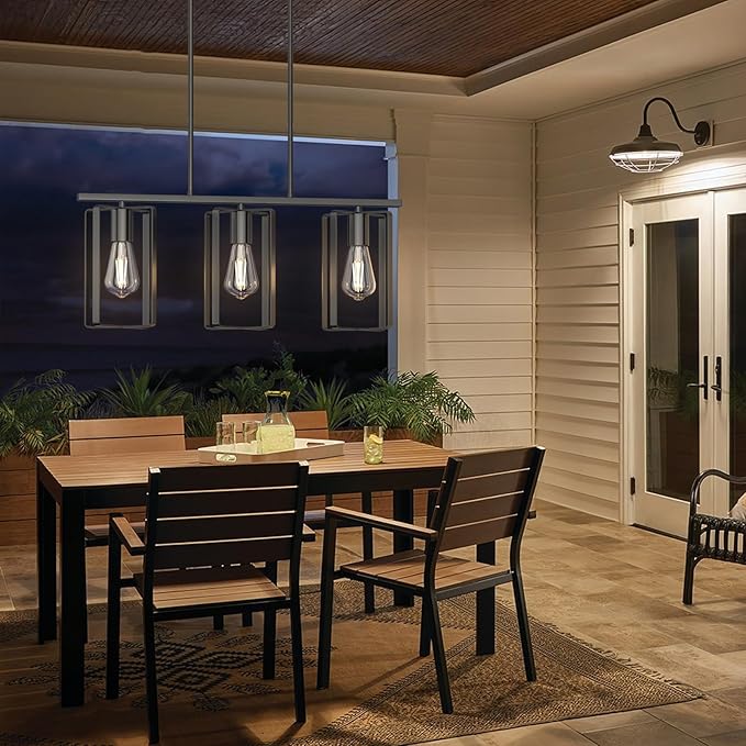 Farmhouse Kitchen Island Chandelier, 3-Light Adjustable Height Industrial Rustic Hanging Pendant Light Fixture with Flexible Shade, Linear Island Lighting for Dining Room Over Table Bar, Black