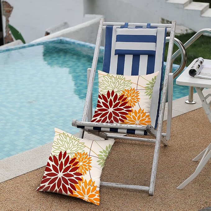 Red Orange Fall Pillow Cover 20X20 Inch Set of 2 Outdoor Waterproof Floral Orange Decorative Pillowcase Decor for Couch Patio Funiture Garden Print Polyester Cushion Cover 01N20