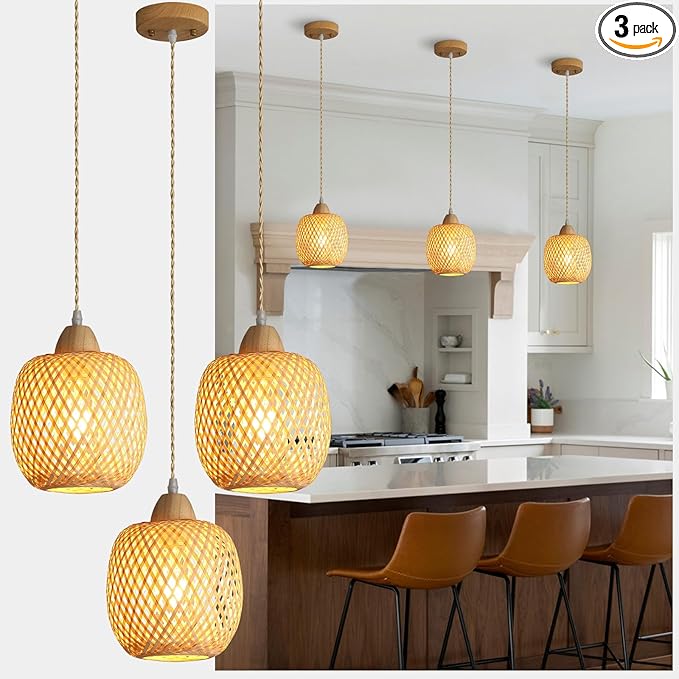 Bamboo Pendant Light Fixture, 3-Light Handmade Woven Pendant Lighting, with Adjustable Rustic Basket, for Kitchen Island Farmhouse Dining Room Living Room, ETL Listed