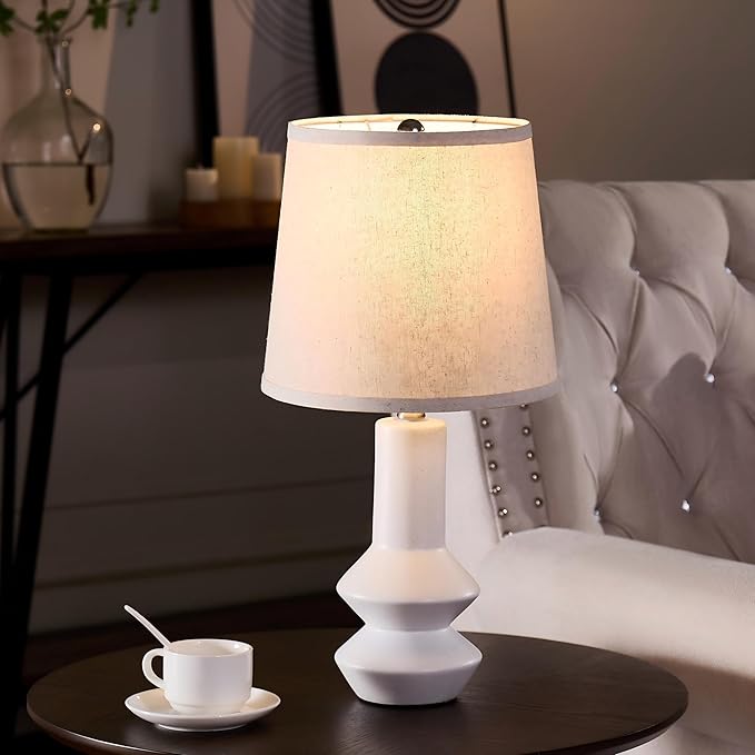 20 Inch White Ceramic Table Lamp Set of 2 with Oatmeal Fabric Shade, 3-Way Dimmable Small Bedside Lamp for Bedroom, Office, Living Room & Nightstand