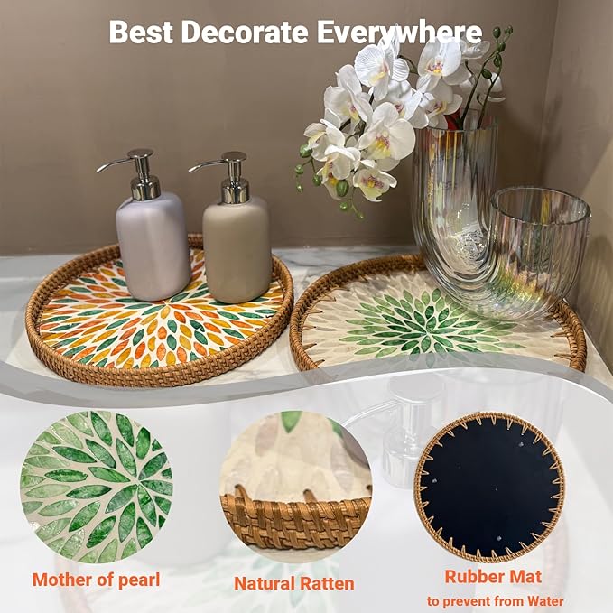 11.8 inch Round Rattan Serving Tray with Mother of Pearl Inlay Wicker Platter Coffee Tray for Coffee Table Decor Coastal Boho Kitchen Storage Display Decorative Basket Food Tray Handmade Wall Decor