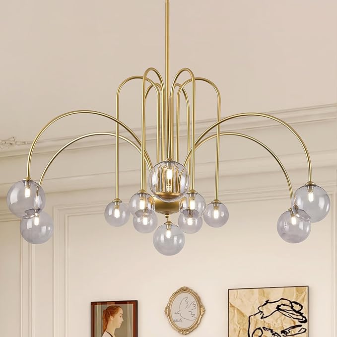 Modern Gold Sputnik Chandelier Mid Century 12 Lights Large L52” Smoke Glass Globe Pendant Light Fixture for High Ceiling Foyer Staircase Living Dining Room
