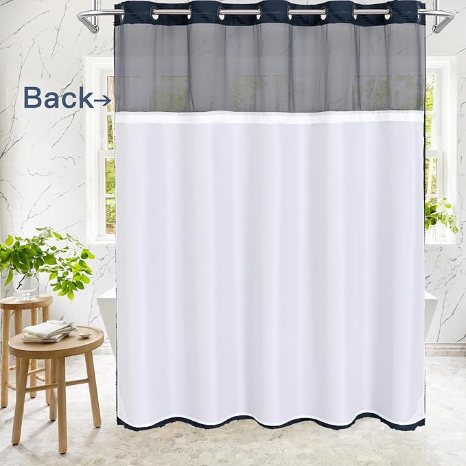 No Hooks Boho Navy Woven Fabric Shower Curtain with 72 x 86 Modern Farmhouse, Tufted Chevron Striped Shabby Chic Textured, Minimalist Hookless Shower Curtains for Bathroom, Hotel Decor