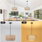 Rattan Pendant Light Fixtures, 3-Light Chandeliers for Dining Room,2-Tier Boho Woven 18” Modern Hanging Drum Lighting with Fabric Shade for Living Room Kitchen Island Entryway Hallway