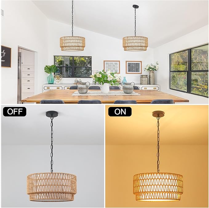 Rattan Pendant Light Fixtures, 3-Light Chandeliers for Dining Room,2-Tier Boho Woven 18” Modern Hanging Drum Lighting with Fabric Shade for Living Room Kitchen Island Entryway Hallway