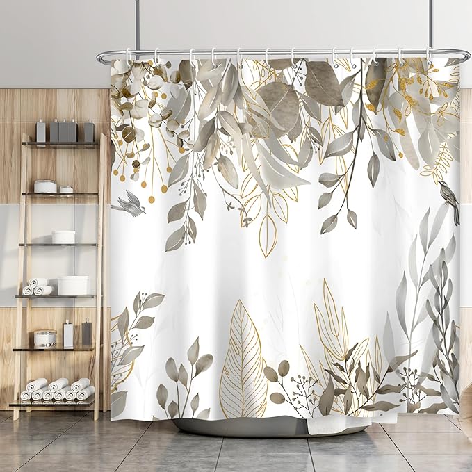 Grey Tan Eucalyptus Leaves Shower Curtain Beige Weeping Branches Leaves Shower Curtains for Bathroom Waterproof Polyester Fabric Bathroom Curtain 72 x 72 Inch with 12 Hooks