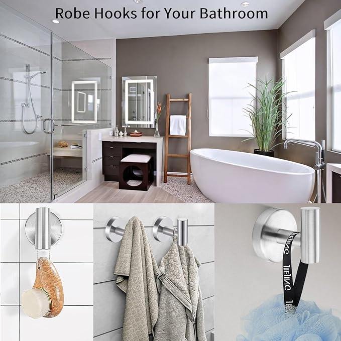 Kruodop Towel Hooks for Bathroom,4 Packs Wall Mount Towel Holder,Black Matte Wall Robe Hook,Stainless Steel Heavy Duty Door Hanger Towel Hook for Kitchen, Bedroom,Hotel,Pool,Coats, Silver
