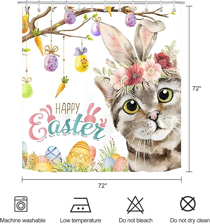 Happy Easter Bunny Cat Shower Curtain Spring Easter Eggs Shower Curtains for Bathroom Waterproof Polyester Fabric Bathroom Curtain 72 x 72 Inch with 12 Plastic Hooks