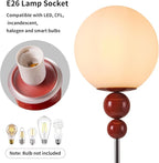 Modern Glass Floor Lamp for Bedroom, 63'' Vintage Mid-Century Floor Lamp with Milky White Frosted Glass Globe Shade for Living Room Corner, Slim Standing Reading Lamp for Office Decor (Dark Red)