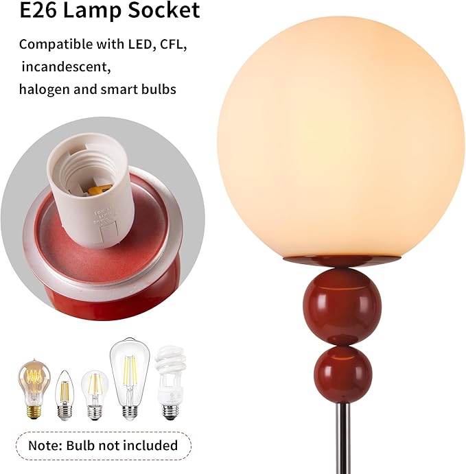Modern Glass Floor Lamp for Bedroom, 63'' Vintage Mid-Century Floor Lamp with Milky White Frosted Glass Globe Shade for Living Room Corner, Slim Standing Reading Lamp for Office Decor (Dark Red)