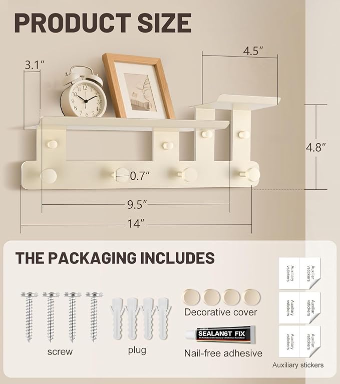 2025 new coat rack wall mount with shelf, shelf with hooks comstructed from premium carbon steel, wall with hooks for entryways, bedrooms, living rooms, bathrooms. (cream white, Small size)