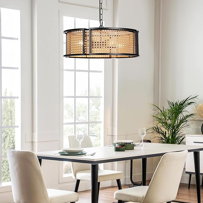 17.7" Farmhouse Rattan Chandelier, 4-Light Large Bohemian Pendant Hanging Light Fixture, Hand Woven Boho Chandelier for Dining Room, Living Room, Kitchen Island, Bedroom, Hallway, Foyer