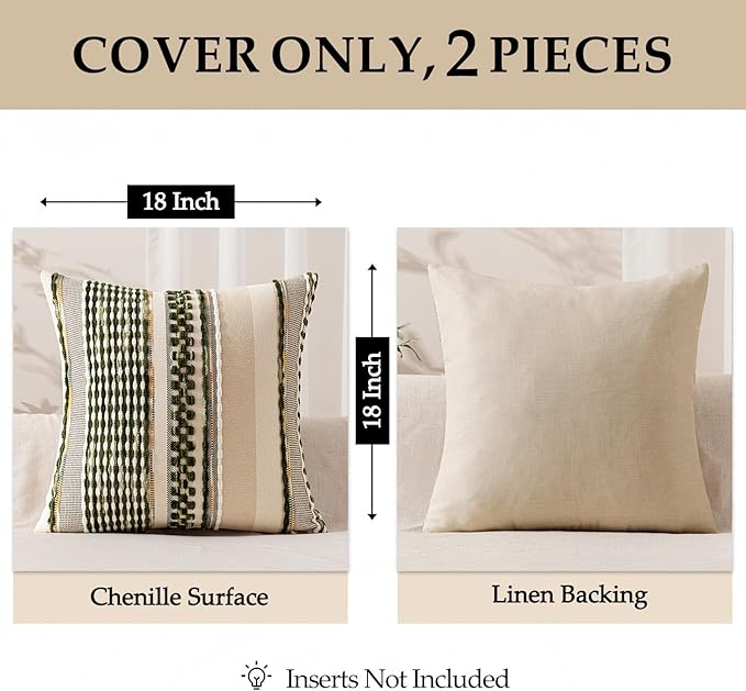 ANRODUO Pack of 2 Boho Decorative Throw Pillow Covers 22x22 Farmhouse Cushion Case Striped Chenille Pillow Cases Square Pillow Covers Accent Neutral Pillowcase for Sofa Couch Bed, Olive Green Stripe