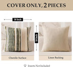 ANRODUO Pack of 2 Boho Decorative Throw Pillow Covers 22x22 Farmhouse Cushion Case Striped Chenille Pillow Cases Square Pillow Covers Accent Neutral Pillowcase for Sofa Couch Bed, Olive Green Stripe