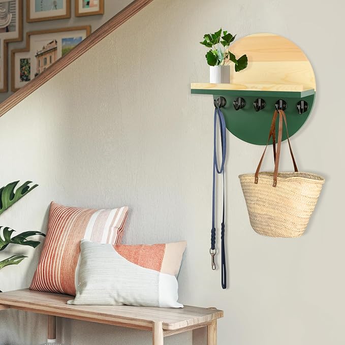 Key Holder for Wall with Shelf - Wood Mail Organizer and Rack with Shelf Hooks Wall Mounted for Entryway Decor Magazines Letter Storage Farmhouse Living Room Bedroom Doorway Green
