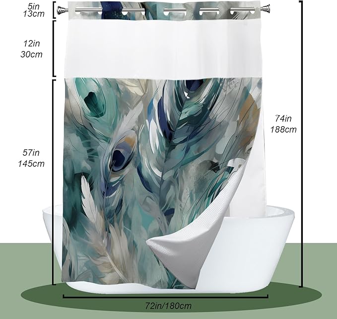 Vintage Watercolor Peacock Feathers Theme No Hook Waffle Shower Curtain with Snap in Fabric Liner Set, Detachable Liner,See Through Mesh Top Window,Waterproof Washable 72" W x 74" H