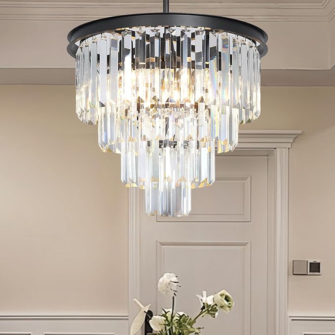 Black Crystal Chandeliers for Dining Room, 4-Tier 5 Lights Modern Chandelier Contemporary Luxury Top K9 Crystal Ceiling Pendant Light Fixture for Foyer Kitchen Bedroom Closet 18"