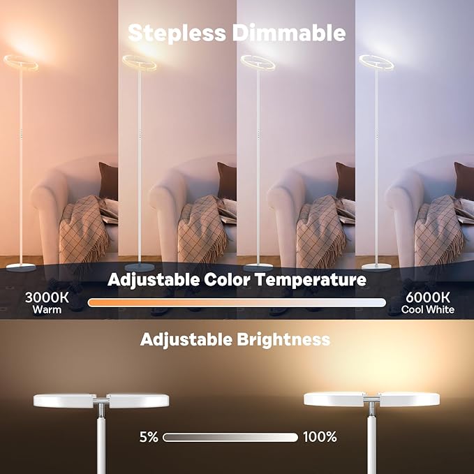White RGBCW Floor Lamp, Bright Color Changing RGB Standing Lamp, Modern Stepless Dimmable LED Tall Lamp with Remote Control, 20W 3000-6000K Floor Lamps for Living Room, Bedroom, Office